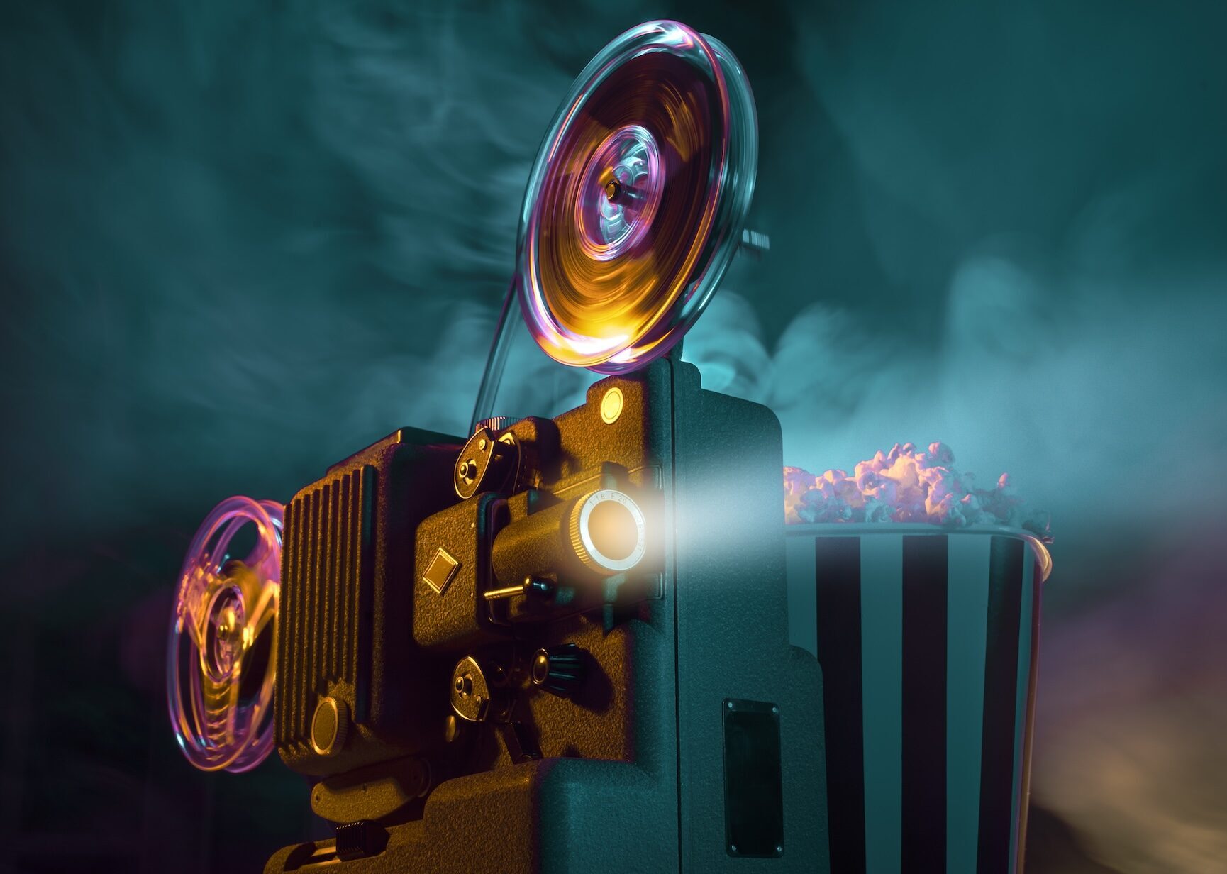 Vintage old fashioned projector in a dark room projecting a film, cinematography concept